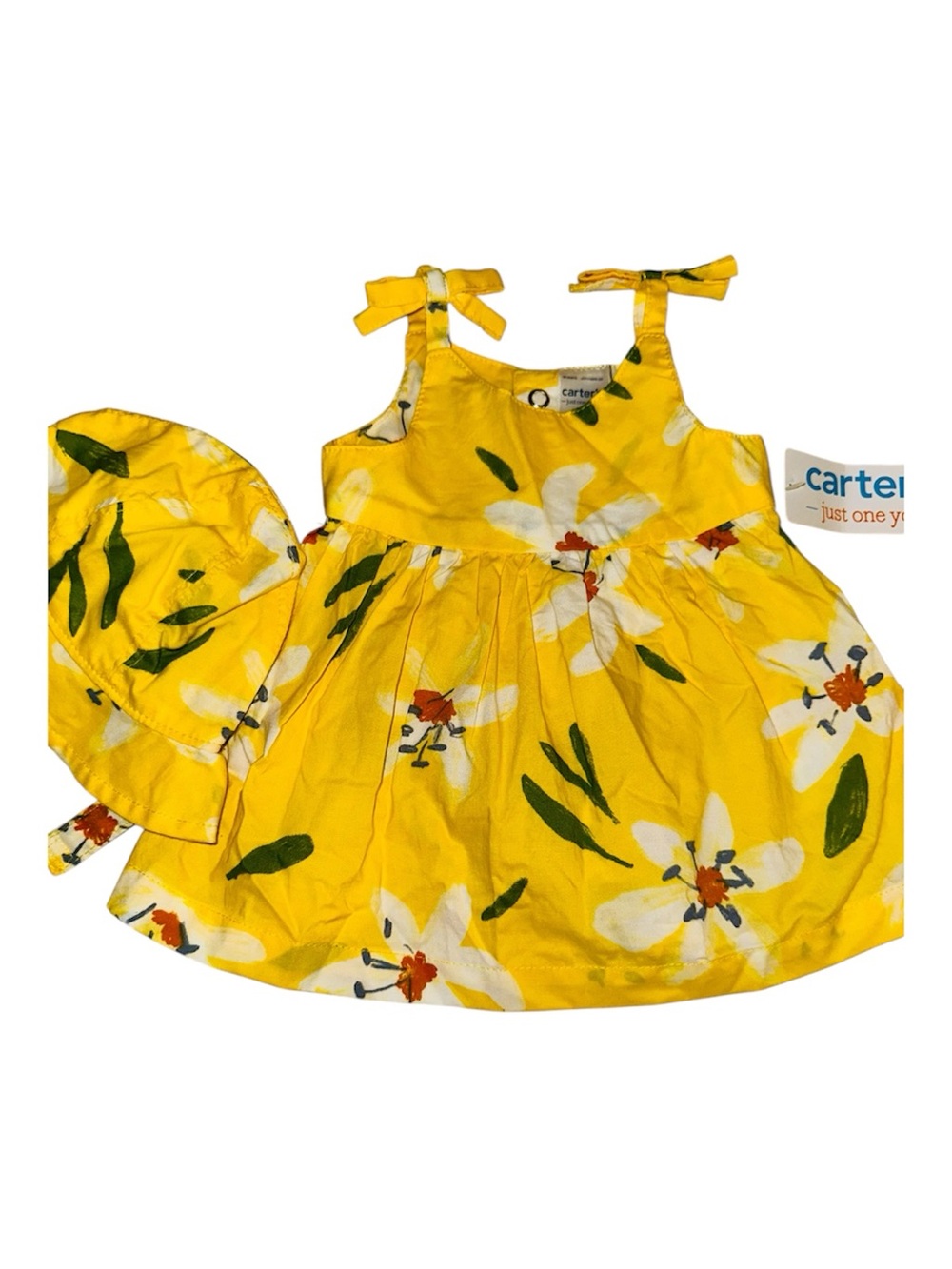 Carter's Bright Yellow Floral Tie-Shoulder Dress with Matching Hat